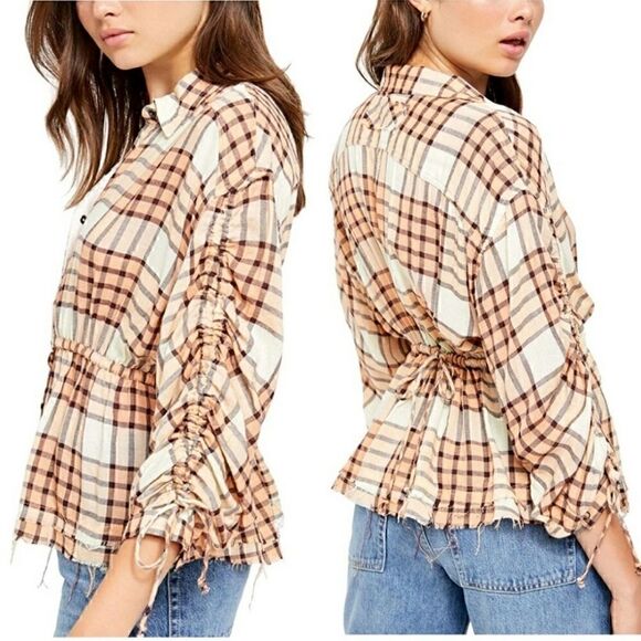 NEW Free People Pacific Dawn Drawstring Plaid Top - Picture 1 of 8